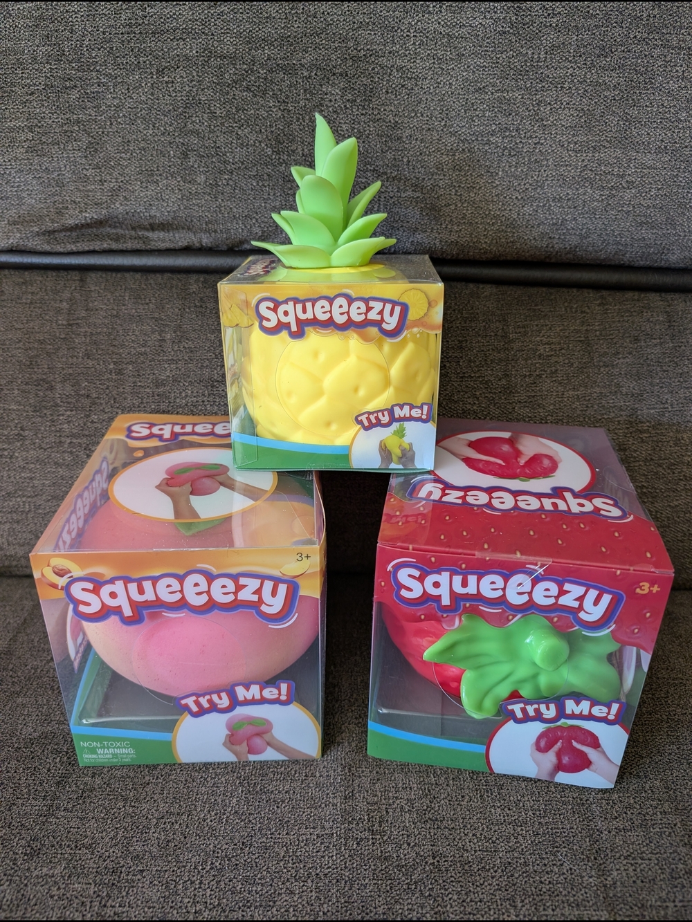 Kids Toy Pineapple, Peach & Strawberry Squishy Set - Squeeze Toy Stress Relief